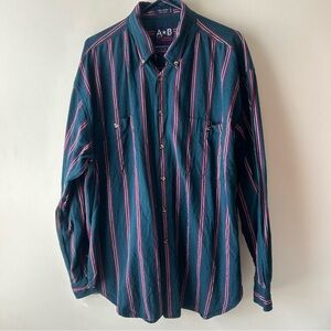 5 FOR $25 | Vintage American Blue Striped Button Up Shirt Green Navy Red White